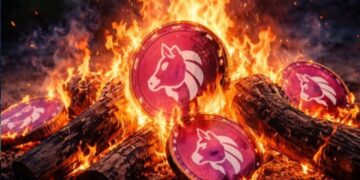 Tokens de Uniswap con el logo del unicornio blanco se queman en una hoguera.