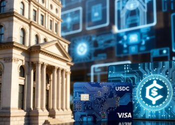 Un edificio bancario, junto a una tarjeta Visa.