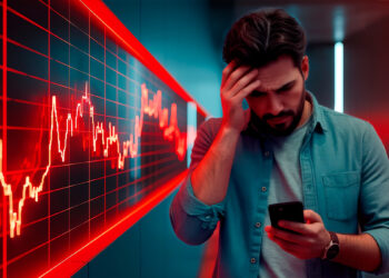 Hombre mirando su celular preocupado agarrandose la cabeza, de fondo un grafico rojo lateralizado que tiñe todo de rojo