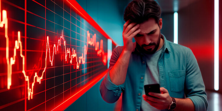 Hombre mirando su celular preocupado agarrandose la cabeza, de fondo un grafico rojo lateralizado que tiñe todo de rojo