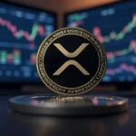 moneda de XRP plateada sobre una mesa con un fondo de dos pantallas con gráficos de precios.