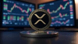 moneda de XRP plateada sobre una mesa con un fondo de dos pantallas con grรกficos de precios.