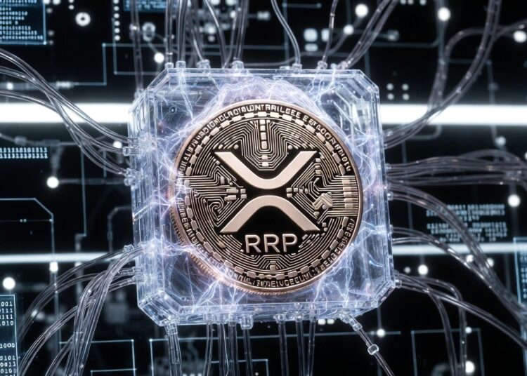 Una moneda de XRP de Ripple envuelta en un manto transparente simulando un wrapped token.