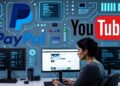 una persona operando con computadoras. Un fondo tecnologico con los logos de YouTube y de Paypal.