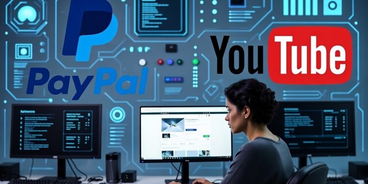 una persona operando con computadoras. Un fondo tecnologico con los logos de YouTube y de Paypal.