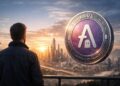 Persona de espaldas observa una ciudad futurista al amanecer mientras una gran moneda hiperrealista con el logo de Aave flota a su lado.