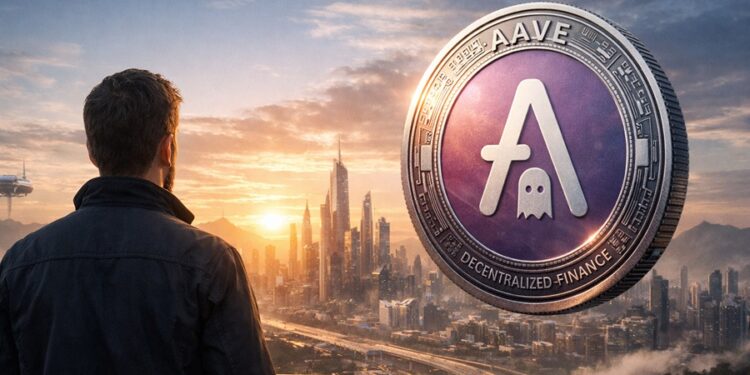 Persona de espaldas observa una ciudad futurista al amanecer mientras una gran moneda hiperrealista con el logo de Aave flota a su lado.