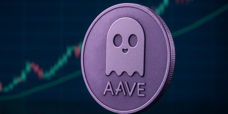 Moneda de Aave en primer plano y al fondo una gráfica bursátil.