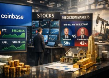 Un hombre de traje está de espaldas y observa múltiples pantallas: a la izquierda, el logo de Coinbase con el precio de bitcoin.