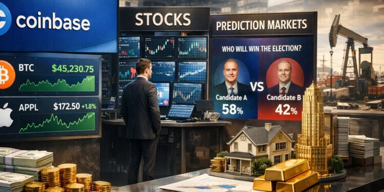 Un hombre de traje de espaldas observa múltiples pantallas: a la izquierda, el logo de Coinbase con el precio de bitcoin.