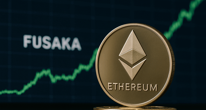 Moneda dorada de Ethereum en primer plano; detrás, pantalla oscura con gráfico verde ascendente y la palabra FUSAKA brillante, ligeramente desenfocada.