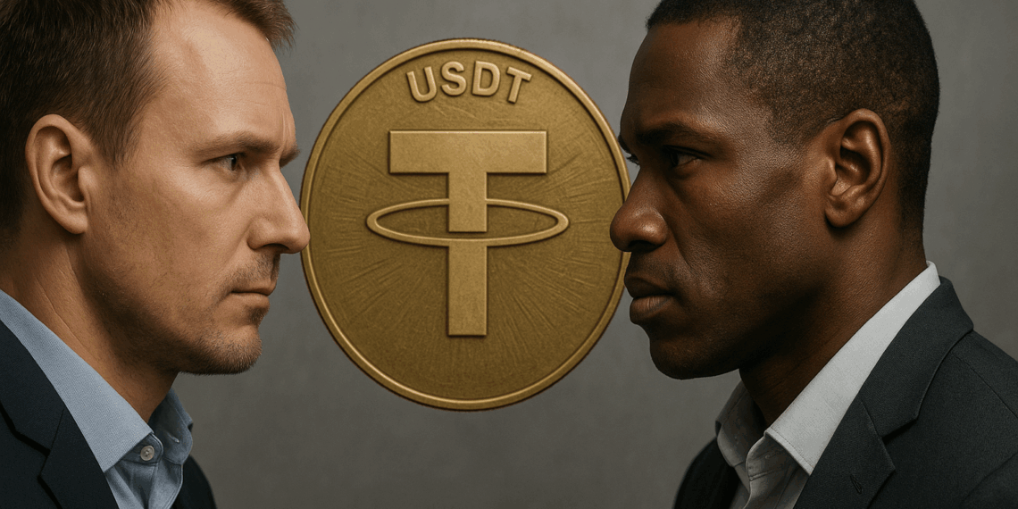 Paolo Ardoino y Arthur Hayes vestidos con traje se miran fijamente frente a frente, con una gran moneda dorada de USDT al centro.