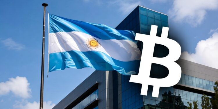 Bandera de Argentina junto a logo de bitcoin frente a un edificio.