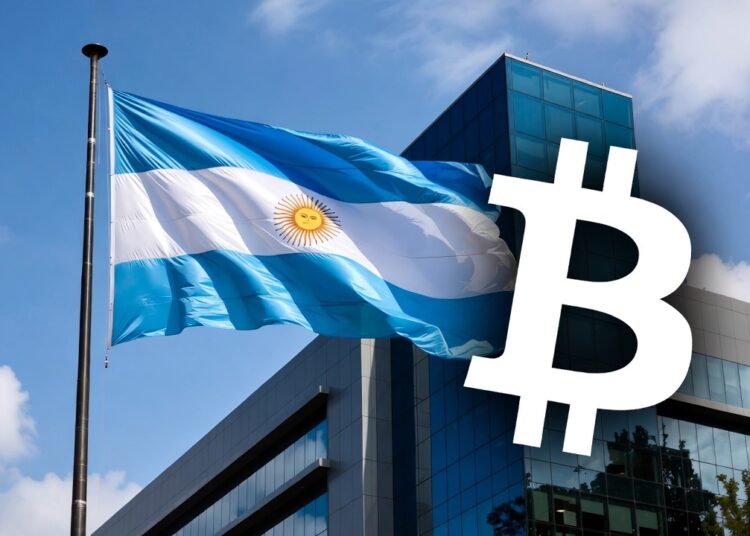 Bandera de Argentina junto a logo de bitcoin frente a un edificio.