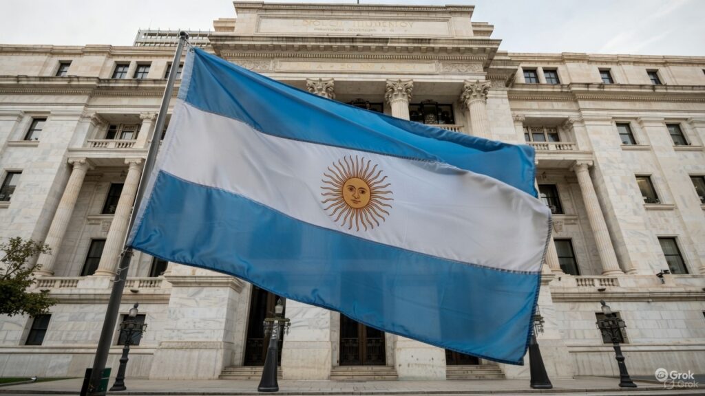 Bandera de Argentina frente a un edificio público.