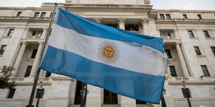 Bandera de Argentina frente a un edificio público.