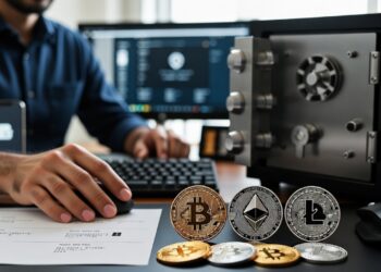 Una persona se observa manipulando una computadora y en el escritorio hay monedas físicas de bitcoin ether y litecoin