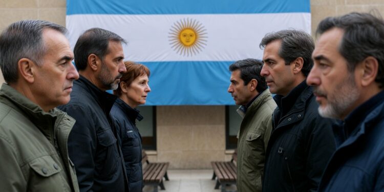 Un grupo de personas de un lado y otro grupo del otro lado mirandose entre sí como peleadas y en el medio la bandera de argentina y bancos.