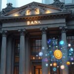 fachada de un banco con edificios de fondo y a un lado logos de varias criptomonedas