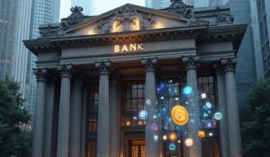 fachada de un banco con edificios de fondo y a un lado logos de varias criptomonedas