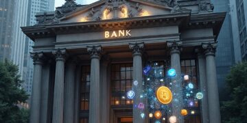 fachada de un banco con edificios de fondo y a un lado logos de varias criptomonedas