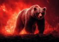 Oso delante de llamas de color rojo.