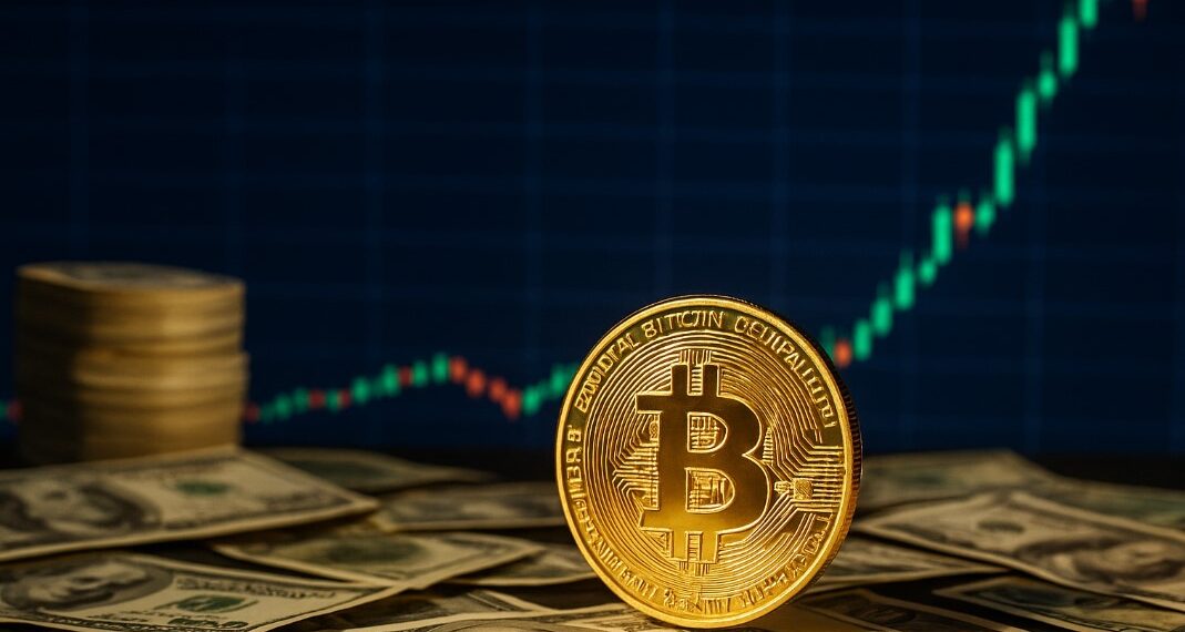 Moneda física de bitcoin sobre billetes de dólares y una gráfica de mercado en el fondo.