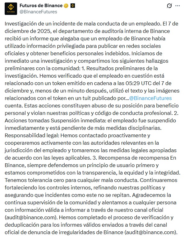 Comunicado de la cuenta Binance Futures sobre un incidente con un empleado.