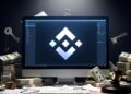 Logo de Binance en un monitor, rodeado de billetes y llaves.