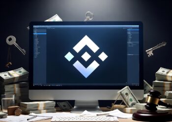 Logo de Binance en un monitor, rodeado de billetes y llaves.