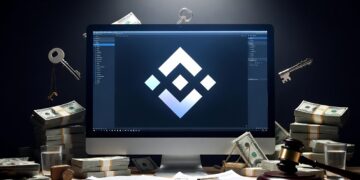 Logo de Binance en un monitor, rodeado de billetes y llaves.