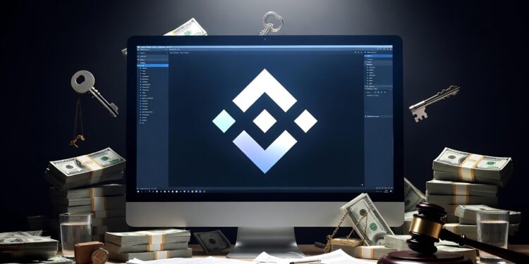 Logo de Binance en un monitor, rodeado de billetes y llaves.