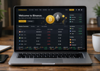 Se ve una computadora portátil sobre un escritorio de madera; en la pantalla está abierta la página de Binance con una lista de muchas criptomonedas, precios, gráficos y variaciones en verde y rojo. A los lados hay objetos cotidianos —un celular, una libreta y una taza— y el fondo está desenfocado, dando la sensación de un espacio de trabajo tranquilo mientras la pantalla concentra la actividad del mercado cripto.