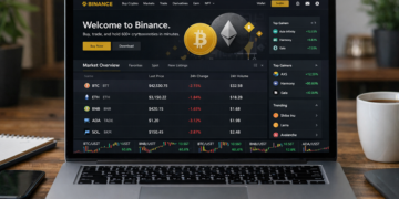 Se ve una computadora portátil sobre un escritorio de madera; en la pantalla está abierta la página de Binance con una lista de muchas criptomonedas, precios, gráficos y variaciones en verde y rojo. A los lados hay objetos cotidianos —un celular, una libreta y una taza— y el fondo está desenfocado, dando la sensación de un espacio de trabajo tranquilo mientras la pantalla concentra la actividad del mercado cripto.
