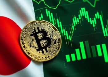 Una moneda física de bitcoin dorada sobre la bandera de Japón, con un gráfico de barras financieras verdes de fondo.