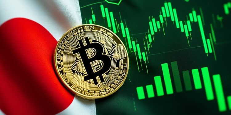 Una moneda física de Bitcoin dorada sobre la bandera de Japón, con un gráfico de barras financieras verdes de fondo.
