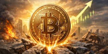 Moneda física de bitcoin emergiendo entre rocas con gráfico alcista y luz dorada.