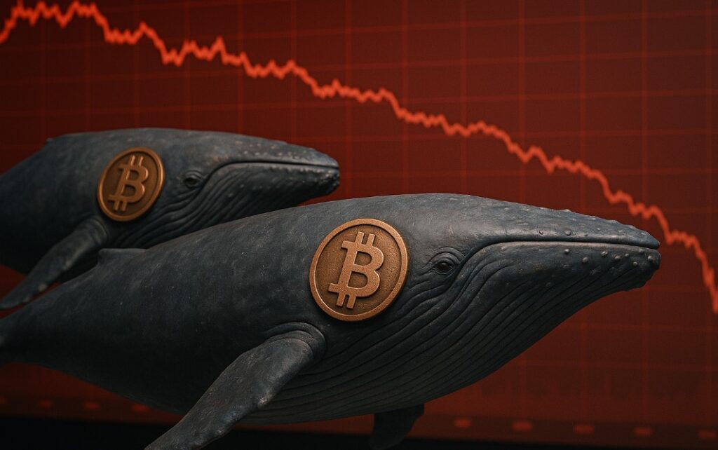 Par de ballenas con el logo de bitcoin a un costado y gráficas rojas en el fondo.