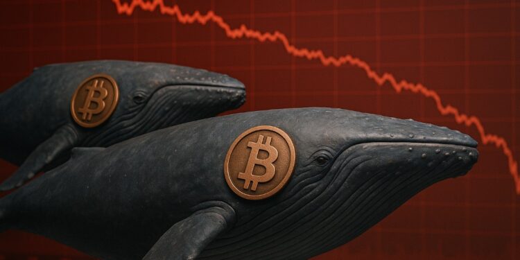Par de ballenas con el logo de bitcoin a un costado y grรกficas rojas en el fondo.