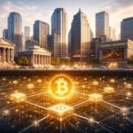 Fondo: una ciudad financiera moderna, limpia, sobria (rascacielos, skyline). En primer plano: edificios bancarios, bolsa, banco central. Debajo de todo (como cimientos): un patrón geométrico tipo red que recuerda a bloques/nodos de Bitcoin.