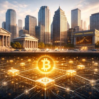 Fondo: una ciudad financiera moderna, limpia, sobria (rascacielos, skyline). En primer plano: edificios bancarios, bolsa, banco central. Debajo de todo (como cimientos): un patrón geométrico tipo red que recuerda a bloques/nodos de Bitcoin.