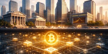 Fondo: una ciudad financiera moderna, limpia, sobria (rascacielos, skyline). En primer plano: edificios bancarios, bolsa, banco central. Debajo de todo (como cimientos): un patrón geométrico tipo red que recuerda a bloques/nodos de Bitcoin.