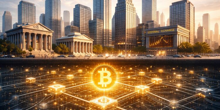 Fondo: una ciudad financiera moderna, limpia, sobria (rascacielos, skyline). En primer plano: edificios bancarios, bolsa, banco central. Debajo de todo (como cimientos): un patrón geométrico tipo red que recuerda a bloques/nodos de Bitcoin.