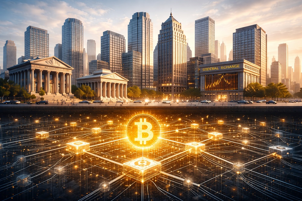 Fondo: una ciudad financiera moderna, limpia, sobria (rascacielos, skyline). En primer plano: edificios bancarios, bolsa, banco central. Debajo de todo (como cimientos): un patrón geométrico tipo red que recuerda a bloques/nodos de Bitcoin.
