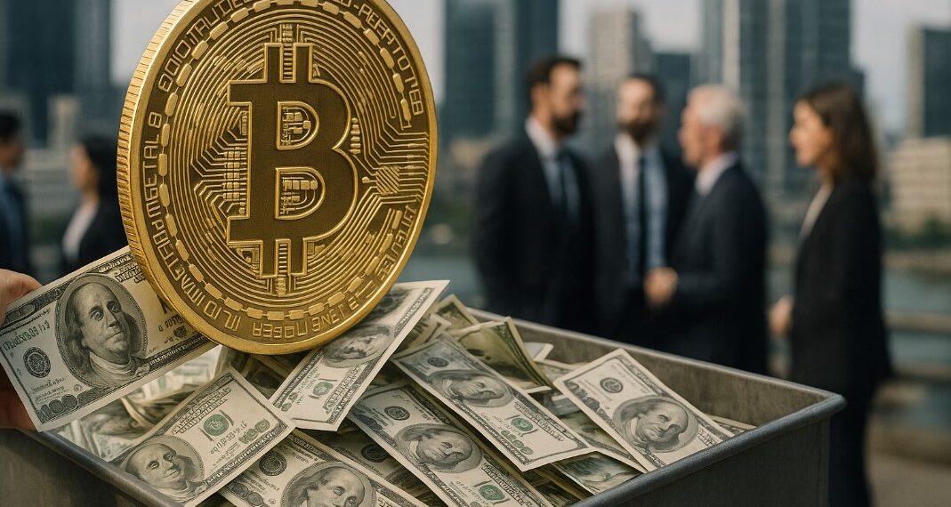 Bitcoin con dólares en efectivo en un contenedor, con edificios e inversores en el fondo.