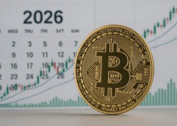 Moneda de bitcoin y en el fondo un calendario del año 2026 con un gráfico de velas verdes que simboliza la expectativa alcista.