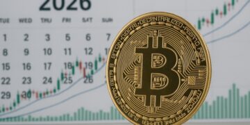 Moneda de bitcoin y en el fondo un calendario del año 2026 con un gráfico de velas verdes que simboliza la expectativa alcista.