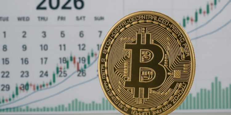 Moneda de bitcoin y en el fondo un calendario del año 2026 con un gráfico de velas verdes que simboliza la expectativa alcista.