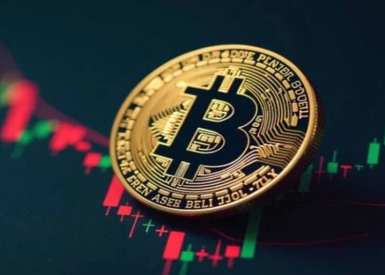 Moneda física de bitcoin dorada sobre gráficos de mercado.