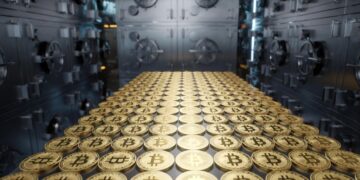 Bóveda y en el centro del pasillo, grandes montones y pilas ordenadas de monedas físicas de bitcoin .